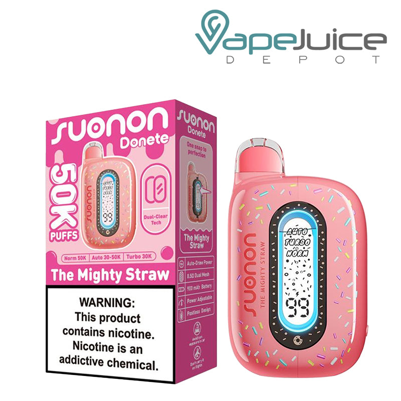 A Box of The Mighty Straw Suonon Donete 50K Disposable with a warning sign and a device with a display screen next to it - Vape Juice Depot