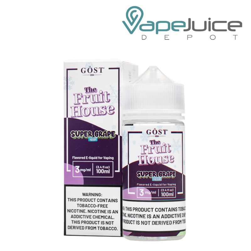 A box of Super Grape Ice The Fruit House TFN with a warning sign and a 100ml bottle next to it - Vape Juice Depot