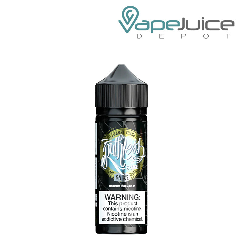 A 120ml bottle of Swamp Thang On Ice Ruthless Vapor with a warning sign - Vape Juice Depot