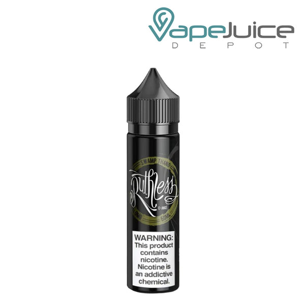 A 60ml bottle of Swamp Thang Ruthless Vapor with a warning sign - Vape Juice Depot