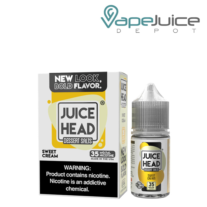 A box of Sweet Cream Juice Head Dessert salt with a warning sign and a 30ml bottle next to it - Vape Juice Depot