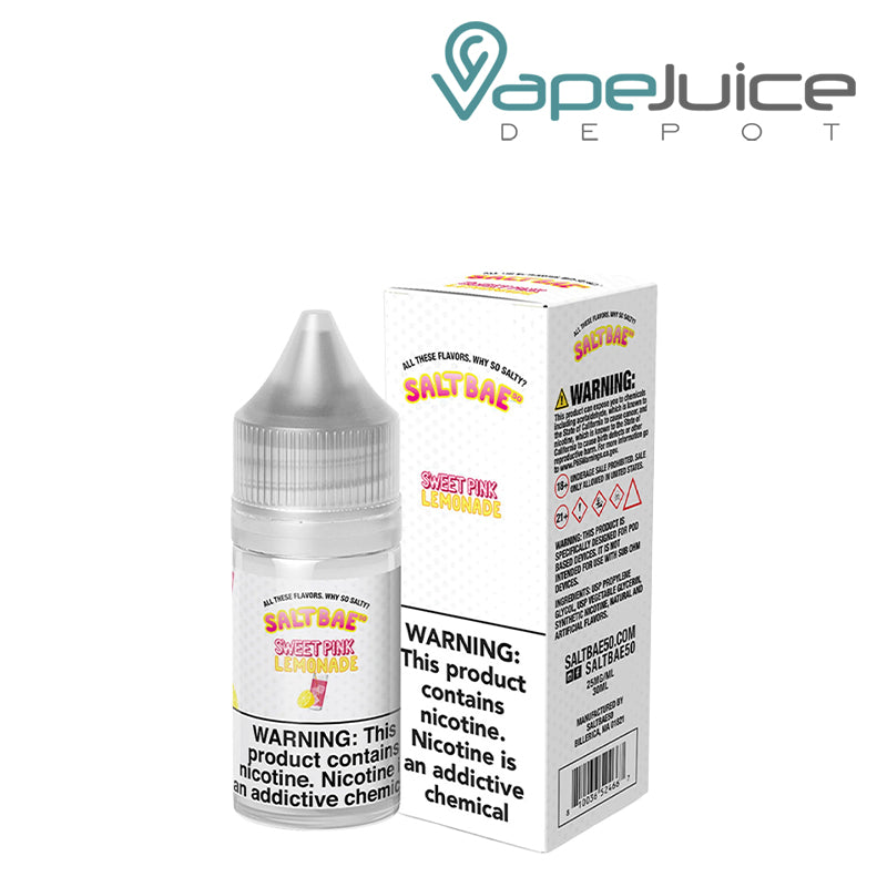 A 30ml bottle of Sweet Pink Lemonade SaltBae50 Salt and a box with a warning sign next to it - Vape Juice Depot