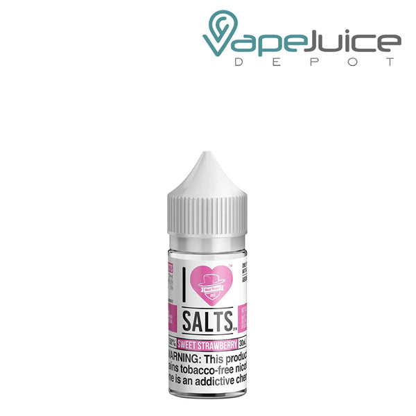 A 30ml bottle of Sweet Strawberry I Love Salts by Mad Hatter with a warning sign - Vape Juice Depot