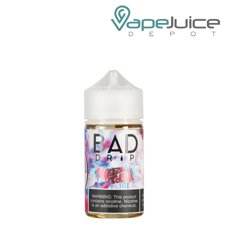 A 60ml bottle of Sweet Tooth Bad Drip eLiquid with a warning sign - Vape Juice Depot