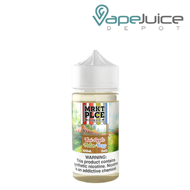 A 100ml bottle of Thai Apple Melon Razz MRKTPLCE eLiquid with a warning sign - Vape Juice Depot