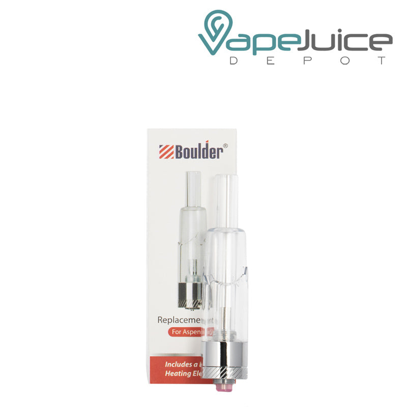A box of The Boulder Aspen Slim Replacement Tank and a tank next to it - Vape Juice Depot
