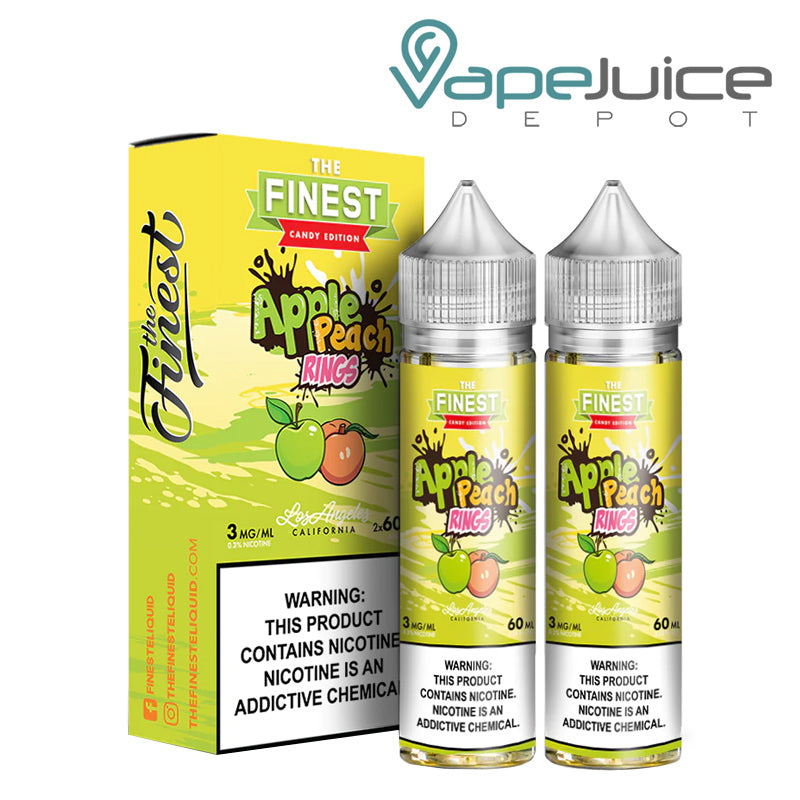 A box of Apple Peach Sour Finest Sweet & Sour with a warning sign and two 60ml bottles next to it - Vape Juice Depot
