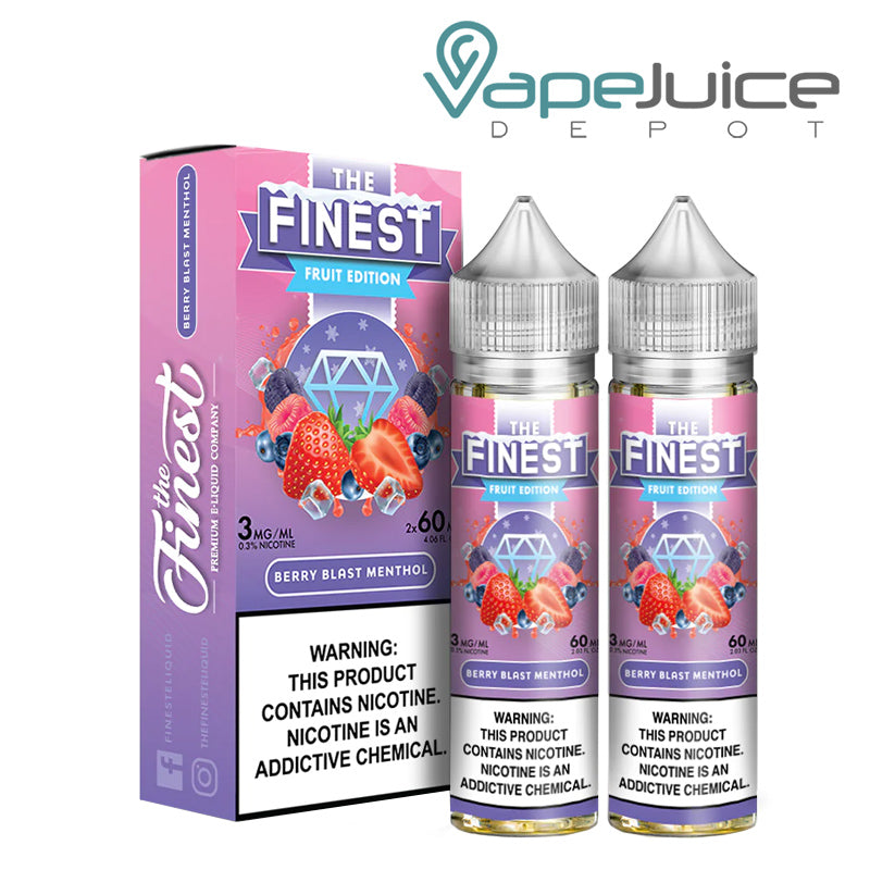 A box of Berry Blast Menthol Finest Fruit Edition with a warning sign and two 60ml bottles next to it - Vape Juice Depot