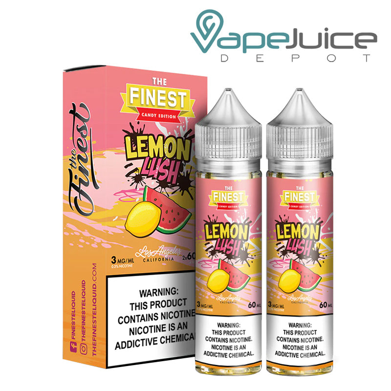 A box of Lemon Lush Finest Sweet & Sour with a warning sign and two 60ml bottles next to it - Vape Juice Depot