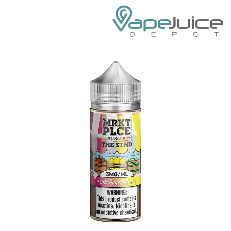 A 100ml bottle of Iced Pink Punch Berry MRKTPLCE The STND with a warning sign - Vape Juice Depot