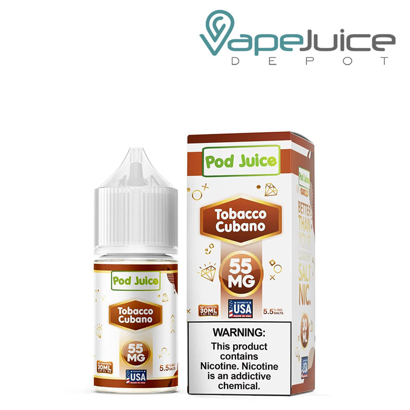 A box of Tobacco Cubano Pod Juice salt with a warning sign and a 30ml bottle next to it - Vape Juice Depot