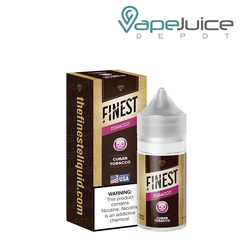 A Box of Cuban Tobacco The Finest Salt Nic with a warning sign and a 30ml 50mg bottle next to it - Vape Juice Depot