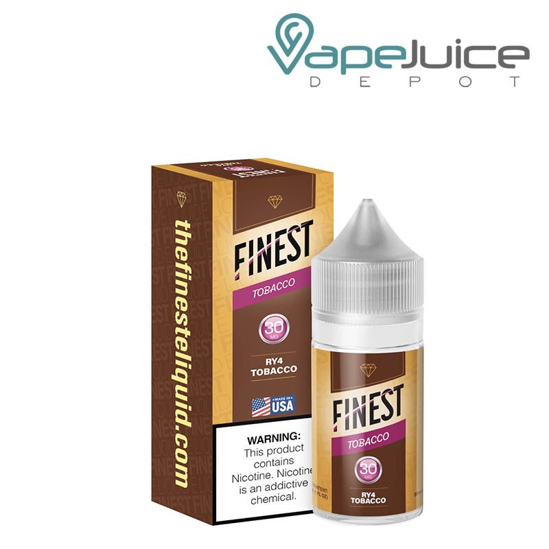 A Box of RY4 Tobacco The Finest Salt Nic with a warning sign and a 30ml 30mg bottle next to it - Vape Juice Depot