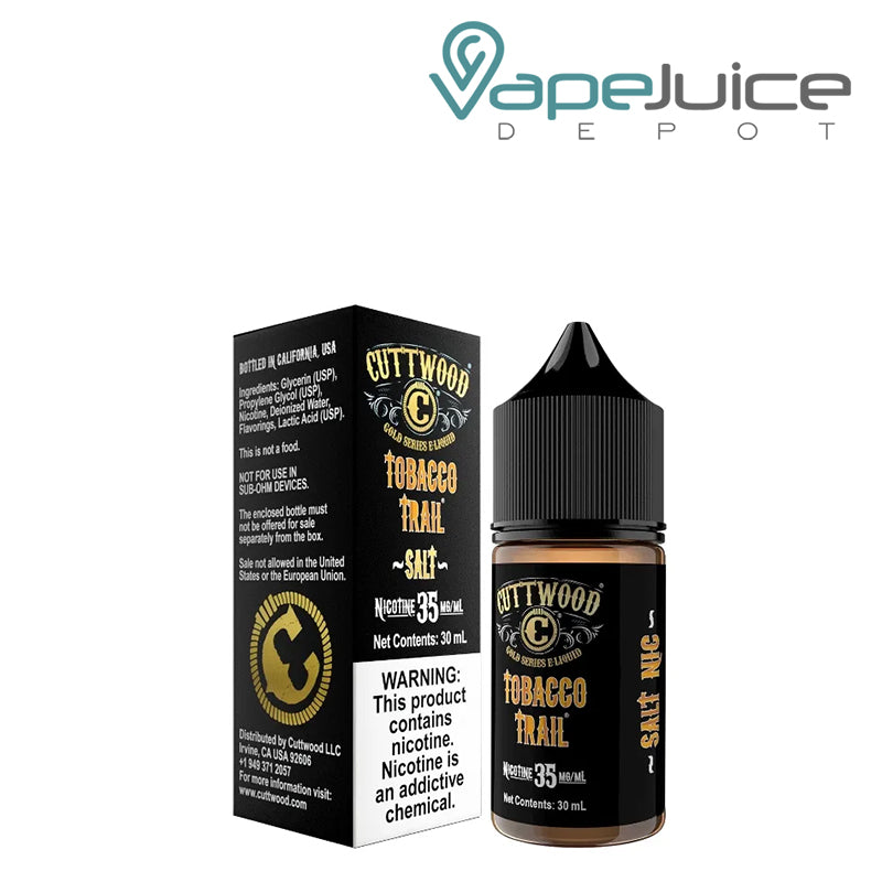A box of Tobacco Trail Cuttwood Salt with a warning sign and a 30ml bottle next to it - Vape Juice Depot