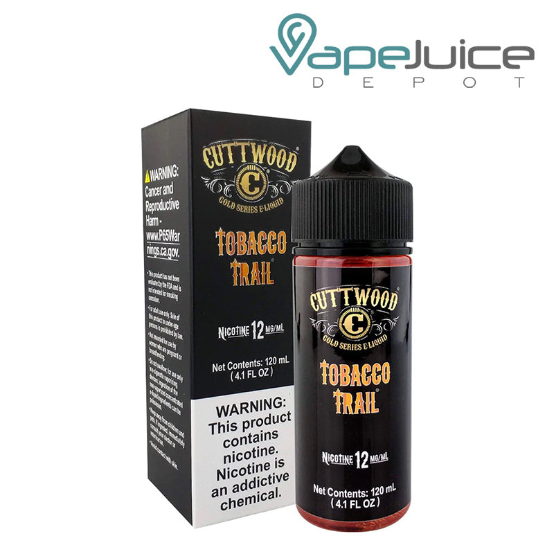 A box of Tobacco Trail Cuttwood eLiquid with a warning sign and a 120ml bottle next to it - Vape Juice Depot