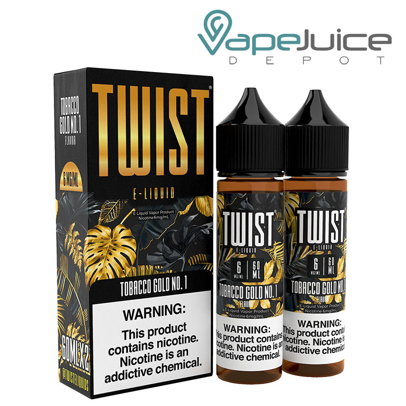A box of Tobacco Gold No 1 Twist 6mg E-Liquid with a warning sign and two 60ml bottles next to it - Vape Juice Depot