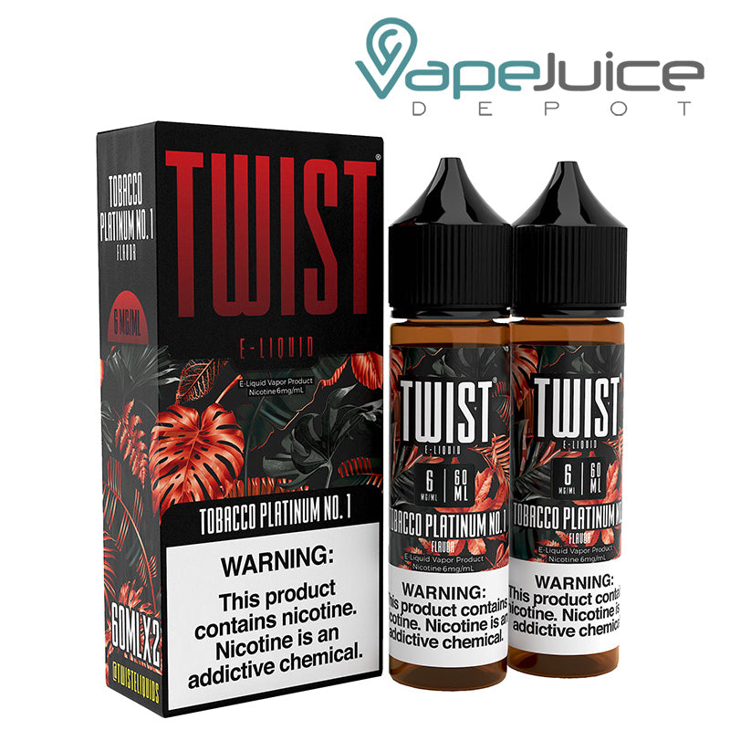 A box of Tobacco Platinum No. 1 Twist 6mg E-Liquid with a warning sign and two 60ml bottles next to it - Vape Juice Depot