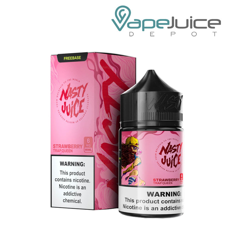 A box of Trap Queen Nasty Juice with a warning sign and a 60ml bottle next to it - Vape Juice Depot