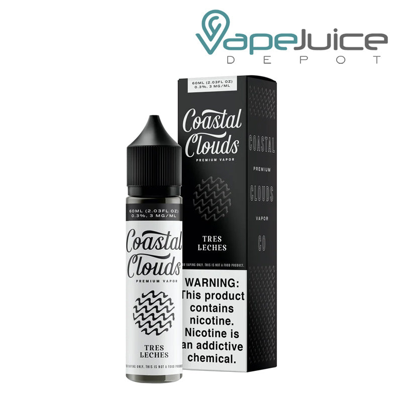 A 60ml bottle of Tres Leches Coastal Clouds TFN and a box with a warning sign next to it - Vape Juice Depot