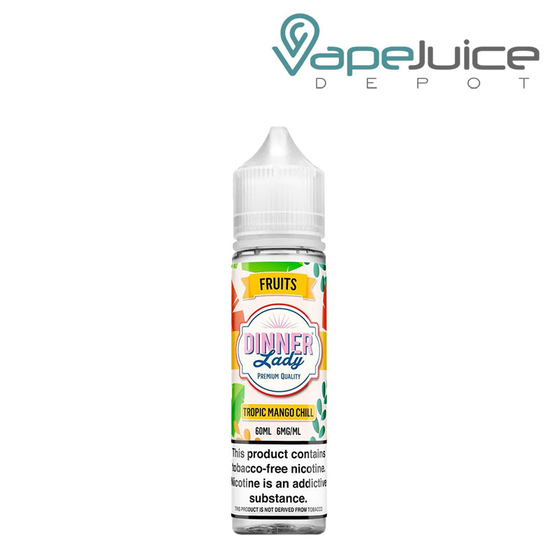 A 30ml bottle of Tropic Mango Chill Dinner Lady TFN 6mg with a warning sign - Vape Juice Depot