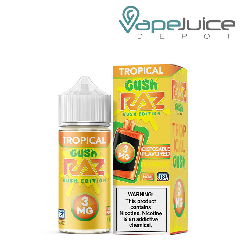 A 100ml bottle of Tropical Gush Pod Juice x Raz and a box with a warning sign next to it - Vape Juice Depot
