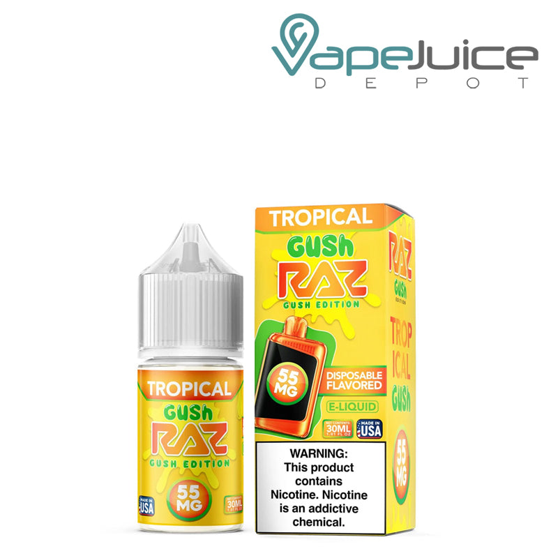 A 30ml bottle of Tropical Gush Pod Juice x Raz Salt and a box with a warning sign next to it - Vape Juice Depot