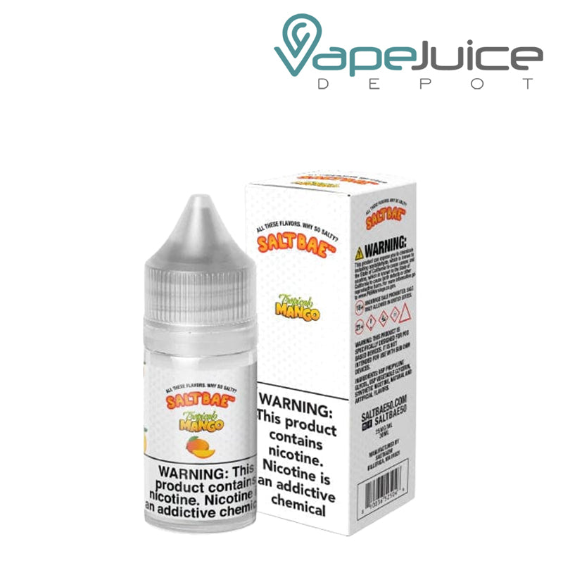 A 30ml bottle of Tropical Mango SaltBae50 Salt and a box with a warning sign next to it - Vape Juice Depot