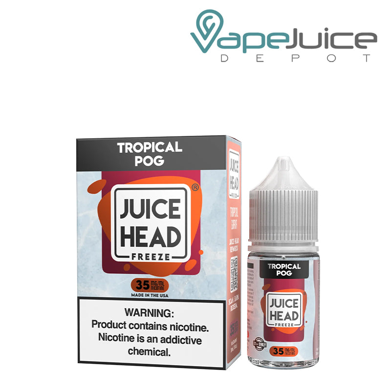 A Box of Tropical POG Salts Juice Head Freeze with a warning sign and a 30ml bottle next to it - Vape Juice Depot