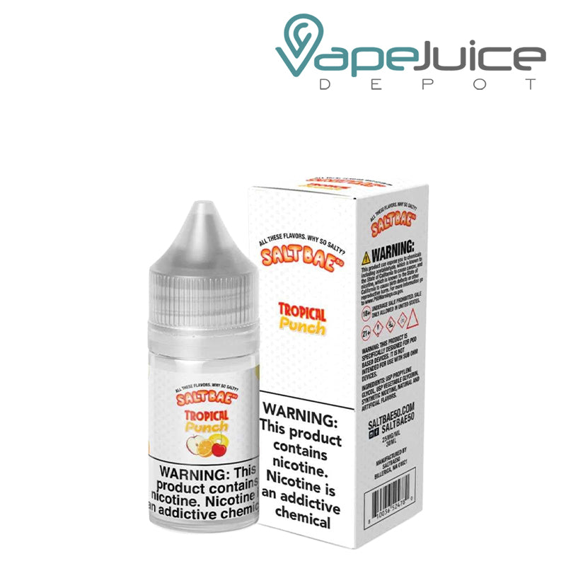 A 30ml bottle of Tropical Punch SaltBae50 Salt and a box with a warning sign next to it - Vape Juice Depot
