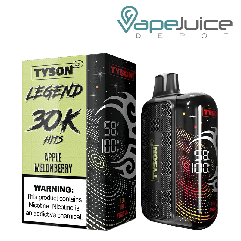 A Box of Apple Melonberry Tyson 2.0 Legend 30K Disposable with a warning sign and a device with 3D screen next to it - Vape Juice Depot