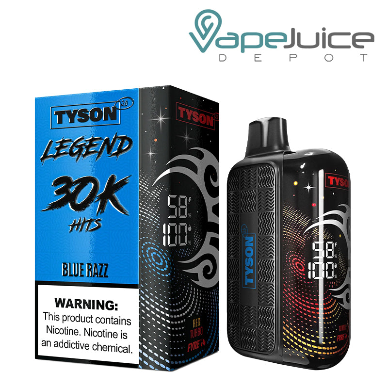 A Box of Blue Razz Tyson 2.0 Legend 30K Disposable with a warning sign and a device with 3D screen next to it - Vape Juice Depot