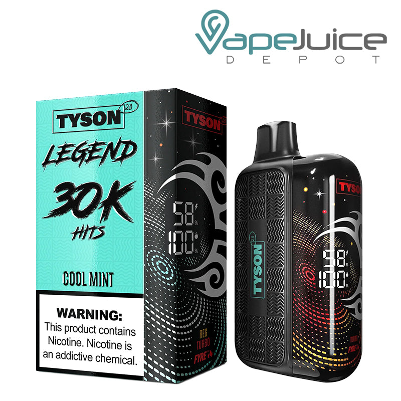 A Box of Cool Mint Tyson 2.0 Legend 30K Disposable with a warning sign and a device with 3D screen next to it - Vape Juice Depot