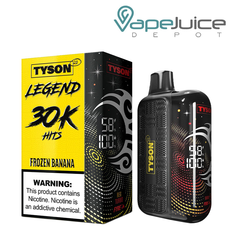A Box of Frozen Banana Tyson 2.0 Legend 30K Disposable with a warning sign and a device with 3D screen next to it - Vape Juice Depot