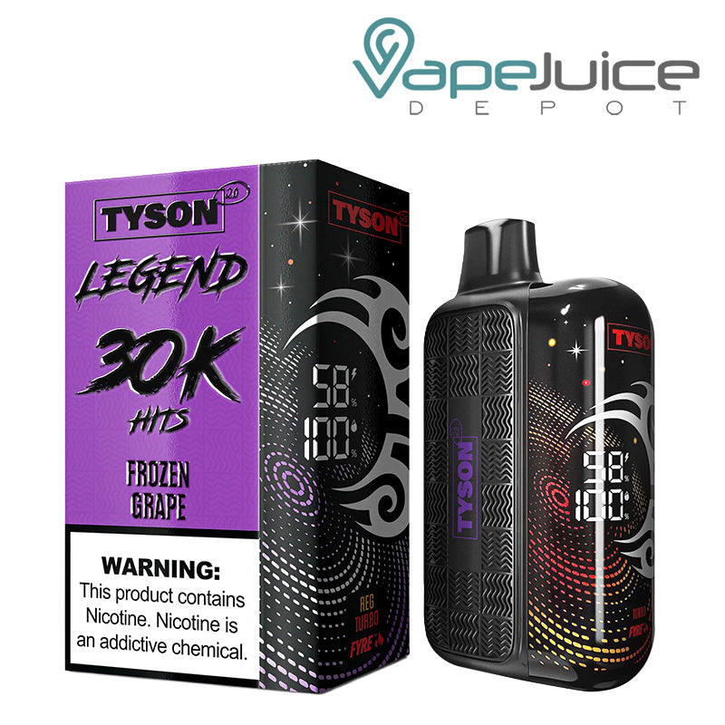 A Box of Frozen Grape Tyson 2.0 Legend 30K Disposable with a warning sign and a device with 3D screen next to it - Vape Juice Depot