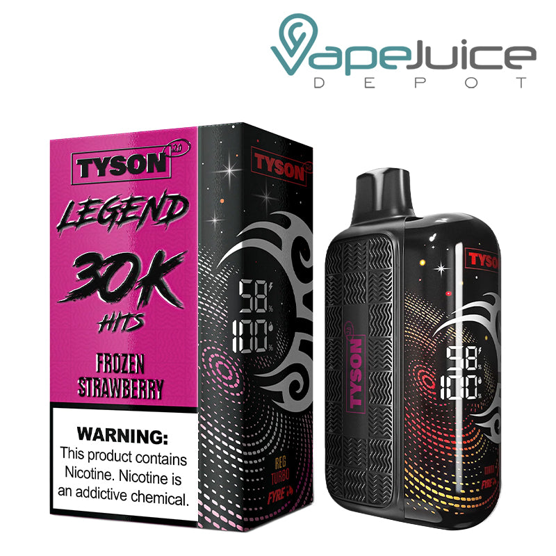 A Box of Frozen Strawberry Tyson 2.0 Legend 30K Disposable with a warning sign and a device with 3D screen next to it - Vape Juice Depot