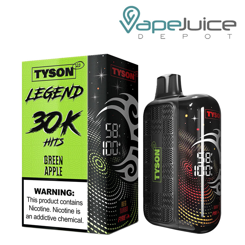 A Box of Green Apple Tyson 2.0 Legend 30K Disposable with a warning sign and a device with 3D screen next to it - Vape Juice Depot