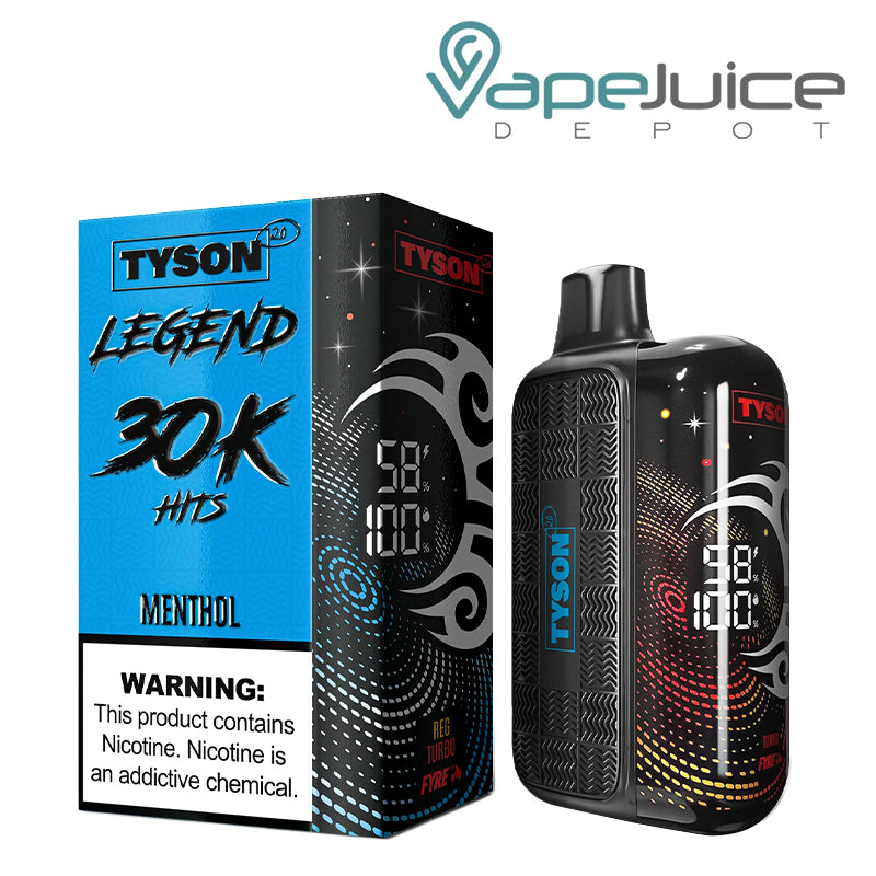 A Box of Menthol Tyson 2.0 Legend 30K Disposable with a warning sign and a device with 3D screen next to it - Vape Juice Depot