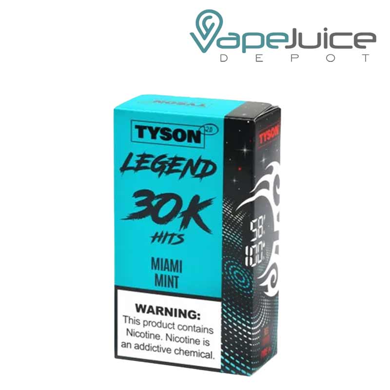 A Box of Miami Mint Tyson 2.0 Legend 30K Disposable with a warning sign - Vape Juice Depot