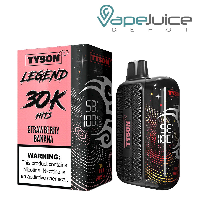 A Box of Strawberry Banana Tyson 2.0 Legend 30K Disposable with a warning sign and a device with 3D screen next to it - Vape Juice Depot