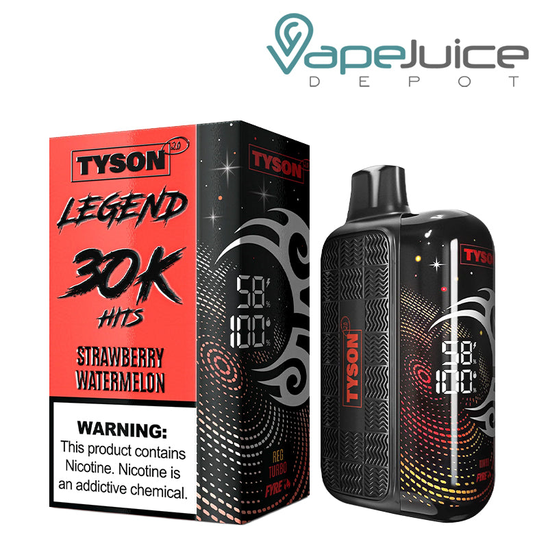 A Box of Strawberry Watermelon Tyson 2.0 Legend 30K Disposable with a warning sign and a device with 3D screen next to it - Vape Juice Depot