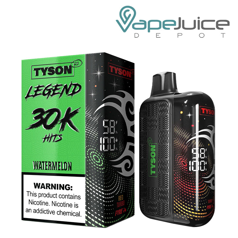 A Box of Watermelon Tyson 2.0 Legend 30K Disposable with a warning sign and a device with 3D screen next to it - Vape Juice Depot