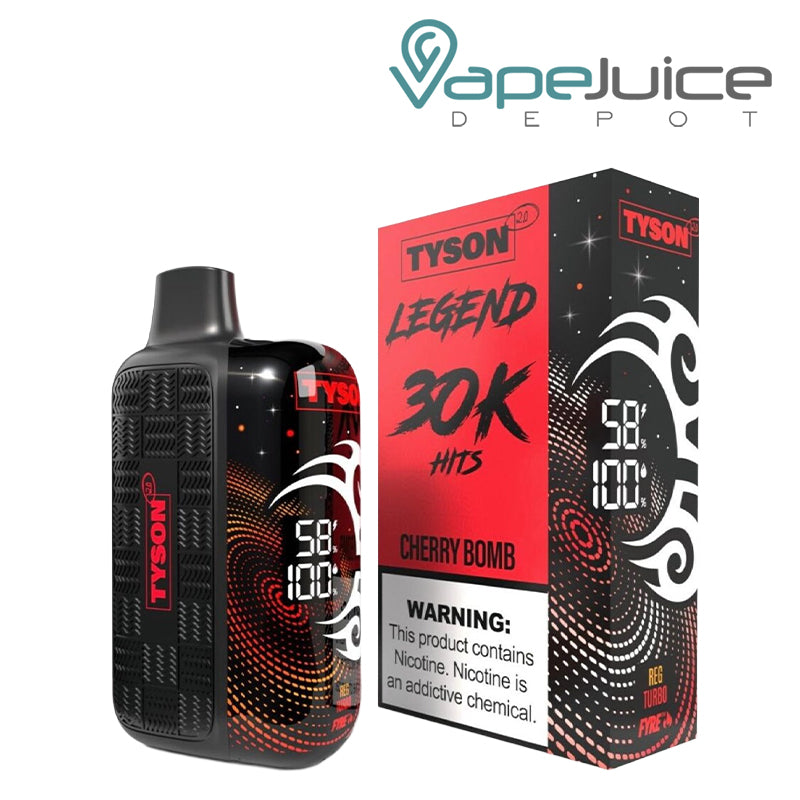 Cherry Bomb Tyson 2.0 Legend 30K Disposable with a 3D screen and a box with a warning sign next to it - Vape Juice Depot
