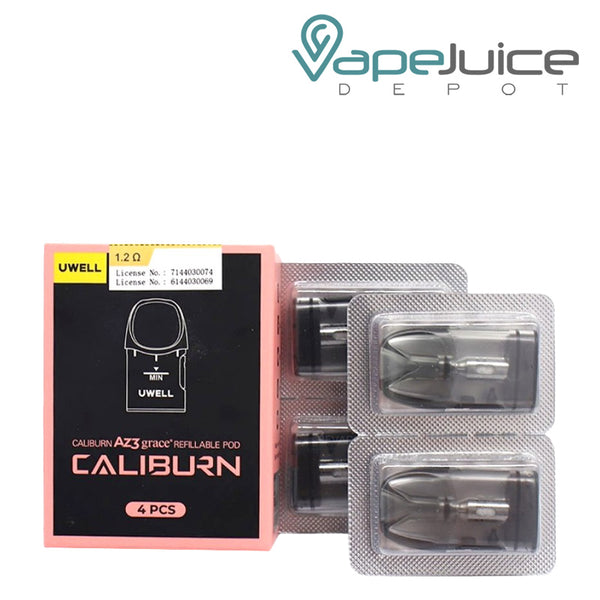 A box of UWELL Caliburn AZ3 Grace Replacement Pod and four replacement pods next to it - Vape Juice Depot