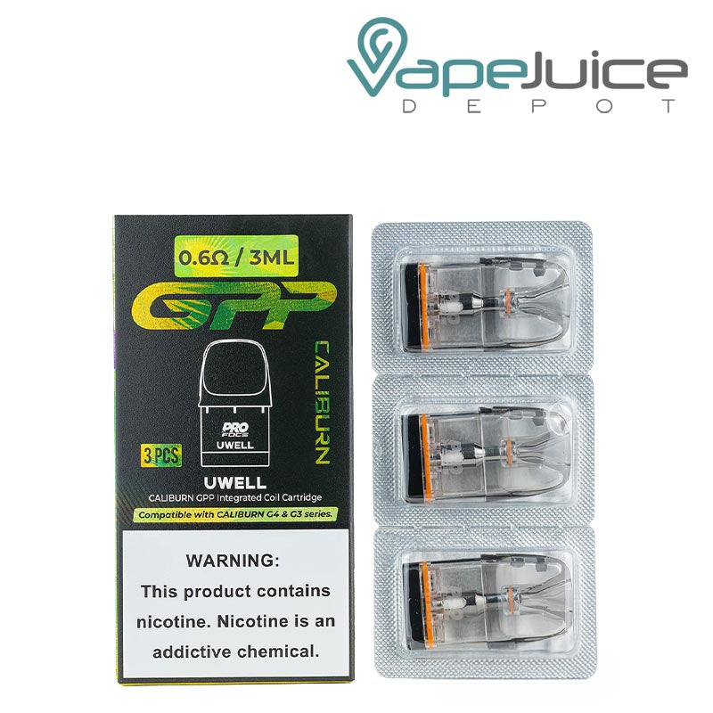 A Box of 0.6Ohm UWELL Caliburn GPP Replacement Pods with a warning sign and a pack of pods next to it - Vape Juice Depot