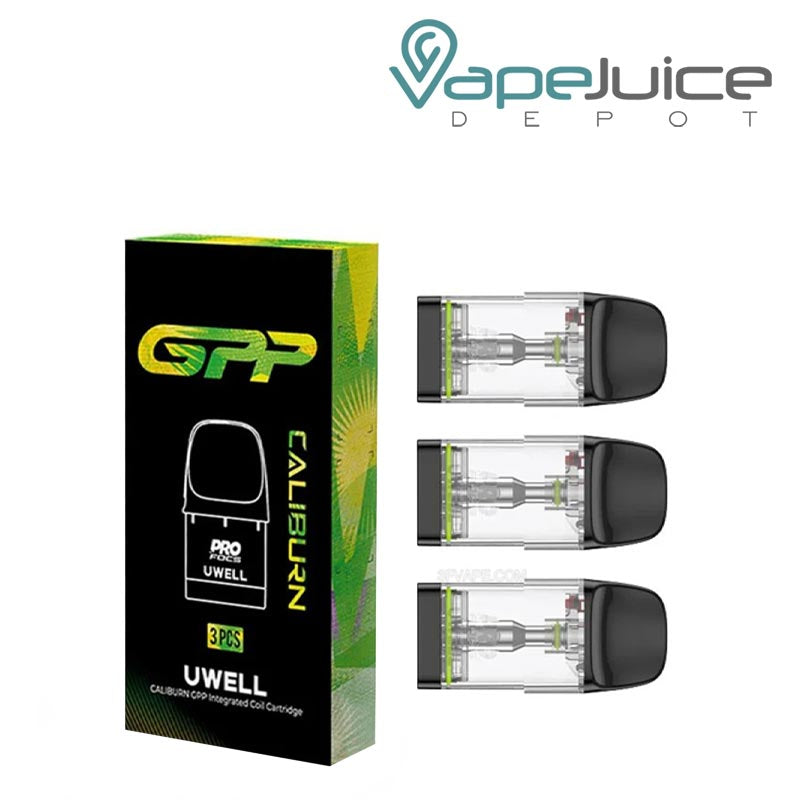 A Box of 1.2Ohm UWELL Caliburn GPP Replacement Pods with a warning sign and a pack of pods next to it - Vape Juice Depot