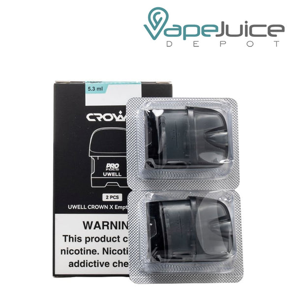 A Box of UWELL Crown X Replacement Pod with a warning sign and a pack of empty pod - Vape Juice Depot