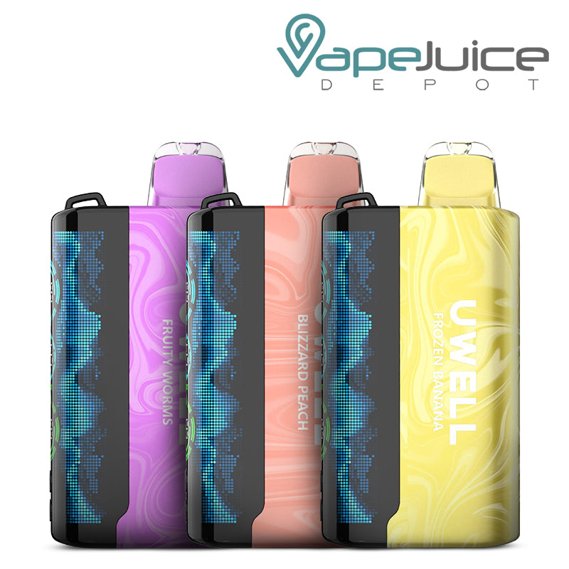 Three flavors of Uwell Koko 60k disposable with a 3D curved display screen - Vape Juice Depot