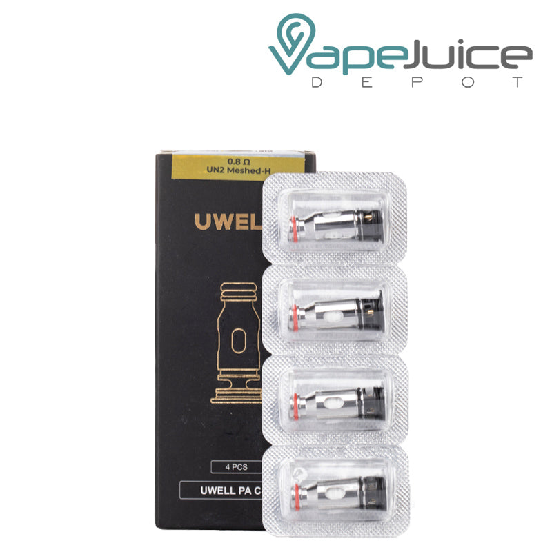A box of UWELL PA Replacement Coils 0.8ohm and a four-pack next to it - Vape Juice Depot