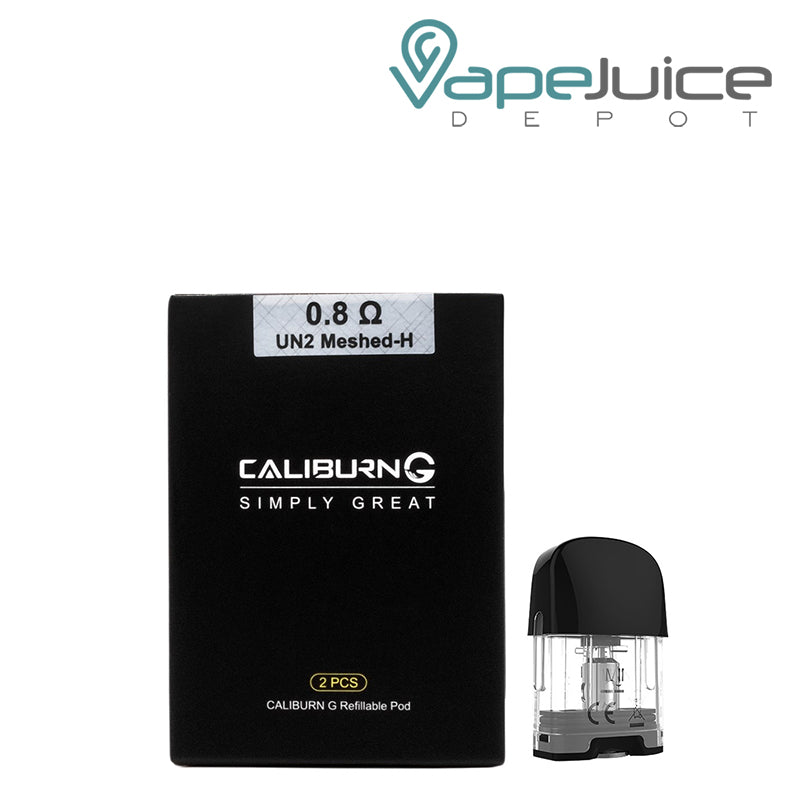 A Box of 0.8ohm Uwell Caliburn G Pods and a pod next to it - Vape Juice Depot