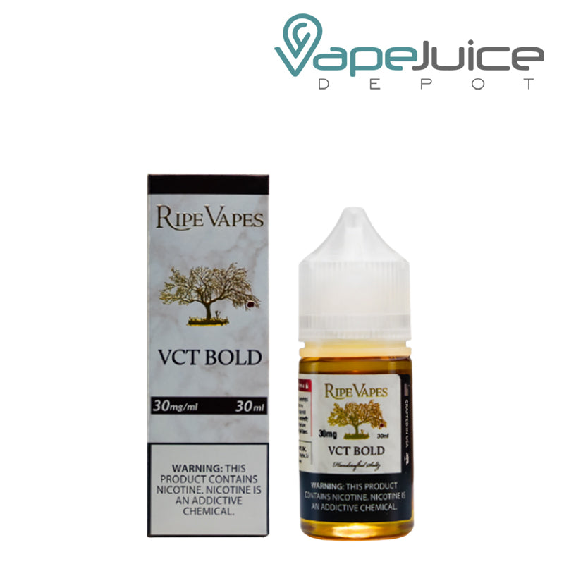 A Box of VCT Bold Saltz Ripe Vapes with a warning sign and a 30ml bottle next to it - Vape Juice Depot